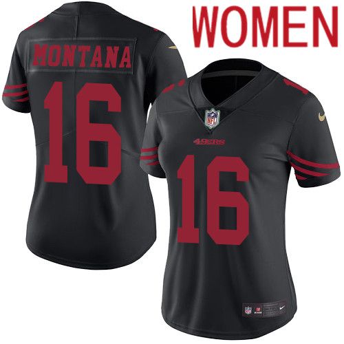 Women San Francisco 49ers #16 Joe Montana Nike Black Vapor Limited Rush NFL Jersey->women nfl jersey->Women Jersey